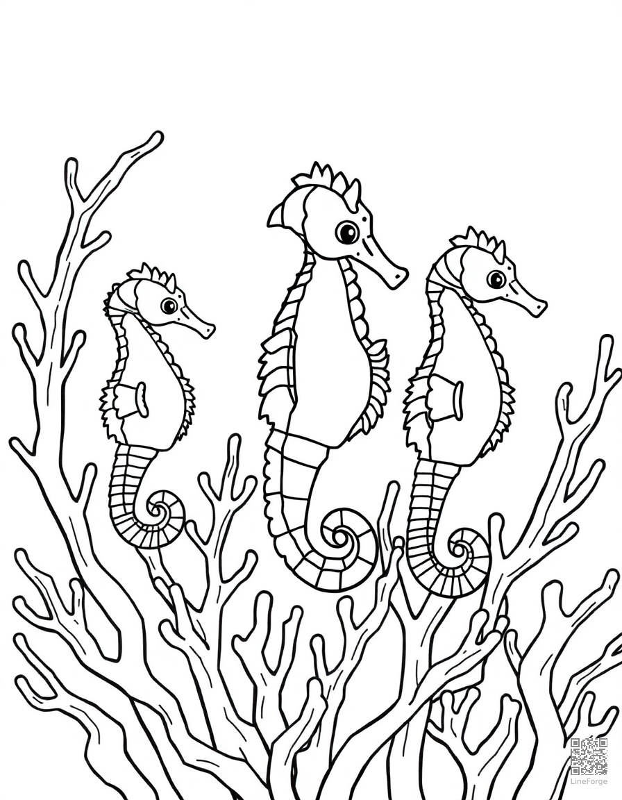A seahorse family among coral branches coloring page Contour style - free printable