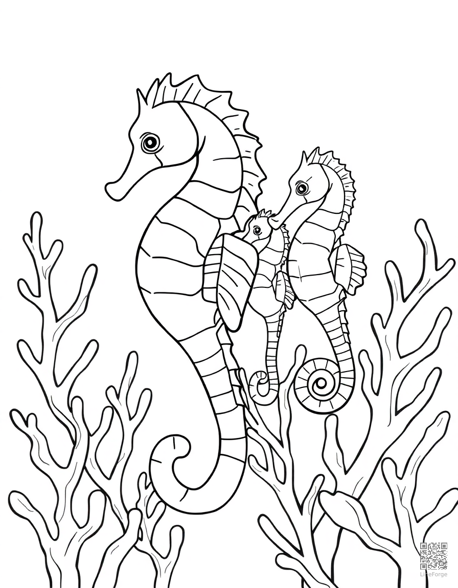 A seahorse family among coral branches coloring page Contour style - free printable