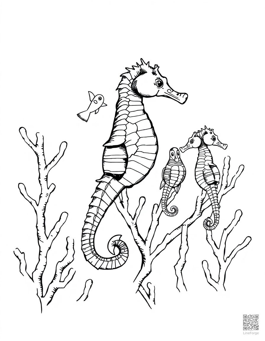 A seahorse family among coral branches coloring page Crosshatch style - free printable
