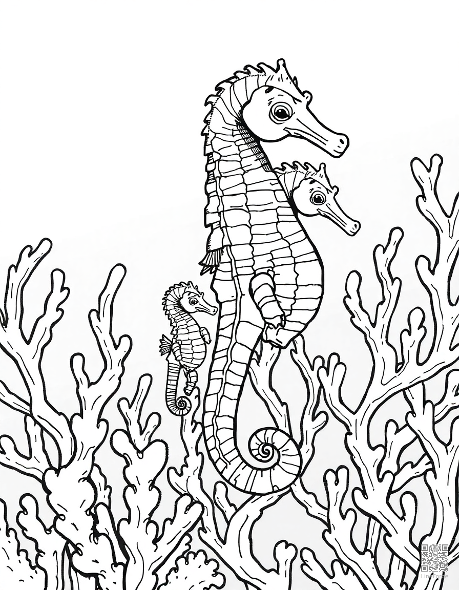 A seahorse family among coral branches coloring page Crosshatch style - free printable
