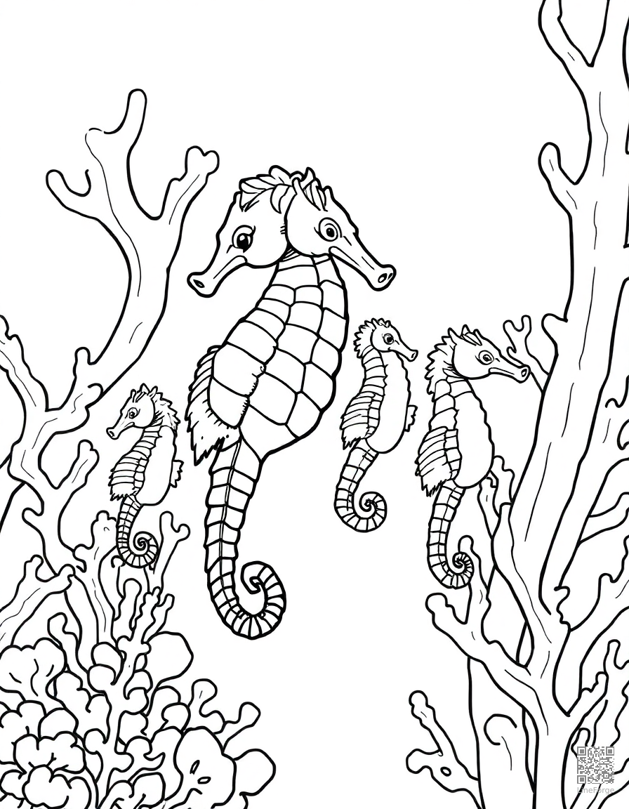 A seahorse family among coral branches coloring page Manga style - free printable