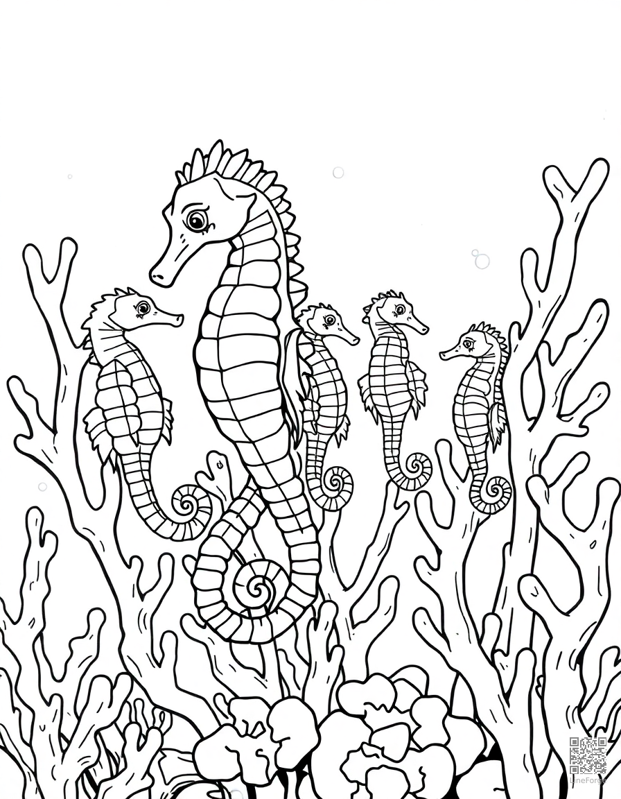 A seahorse family among coral branches coloring page Manga style - free printable