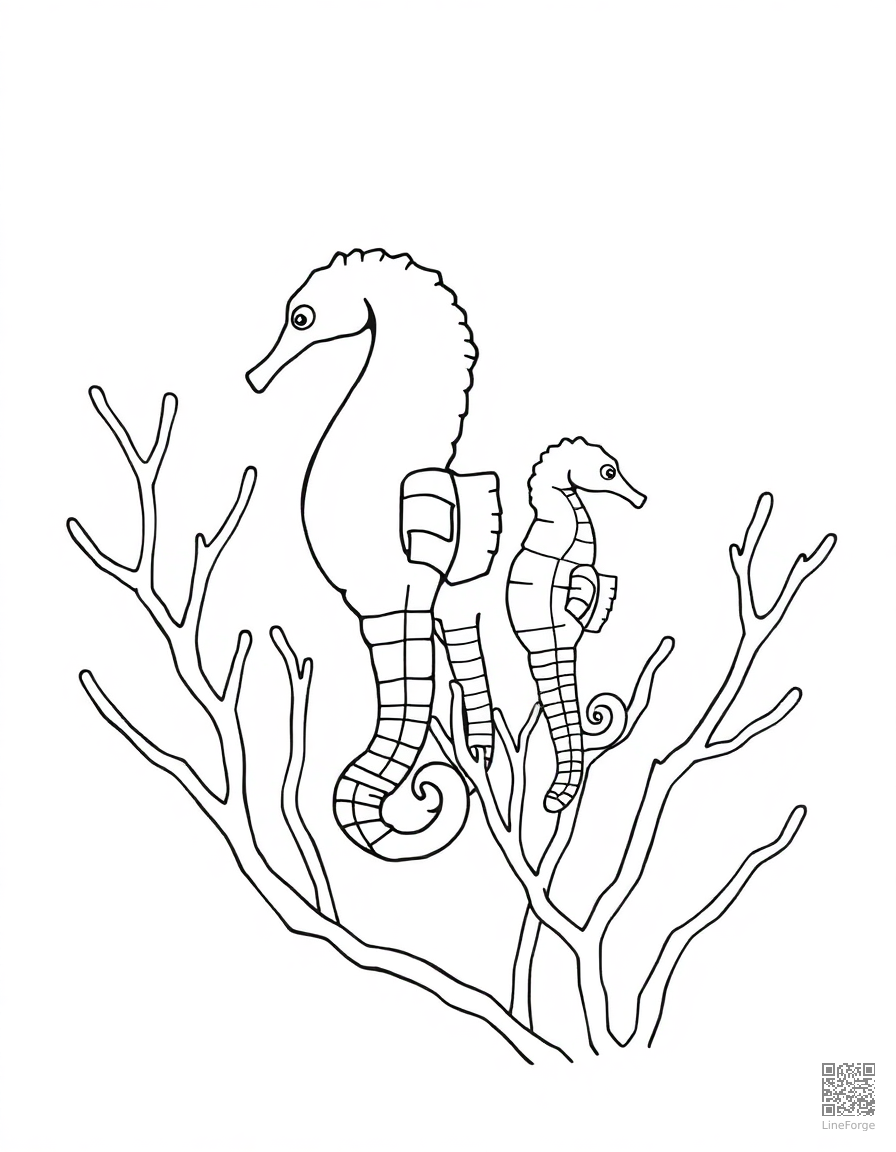 A seahorse family among coral branches coloring page Minimal style - free printable