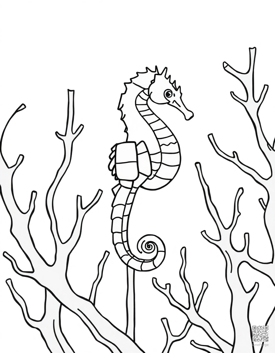 A seahorse family among coral branches coloring page Minimal style - free printable