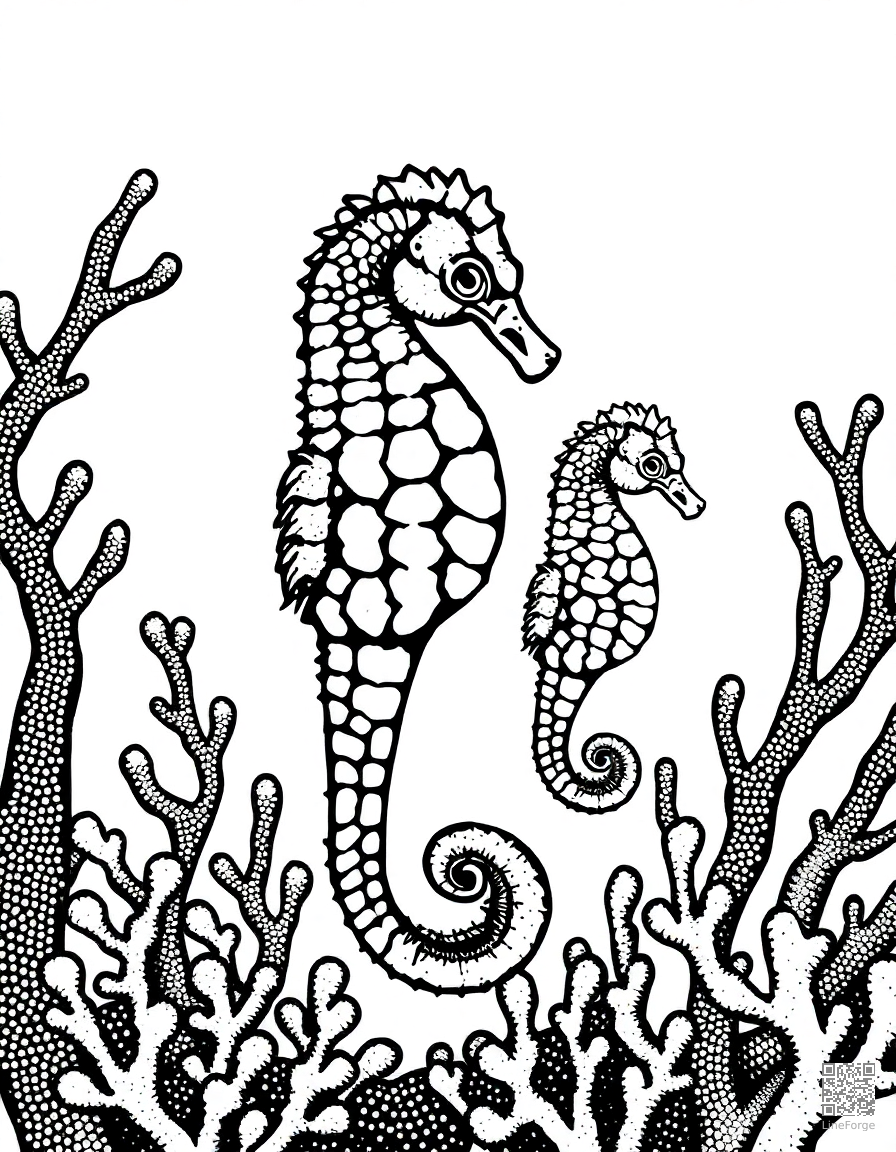 A seahorse family among coral branches coloring page Stipple style - free printable