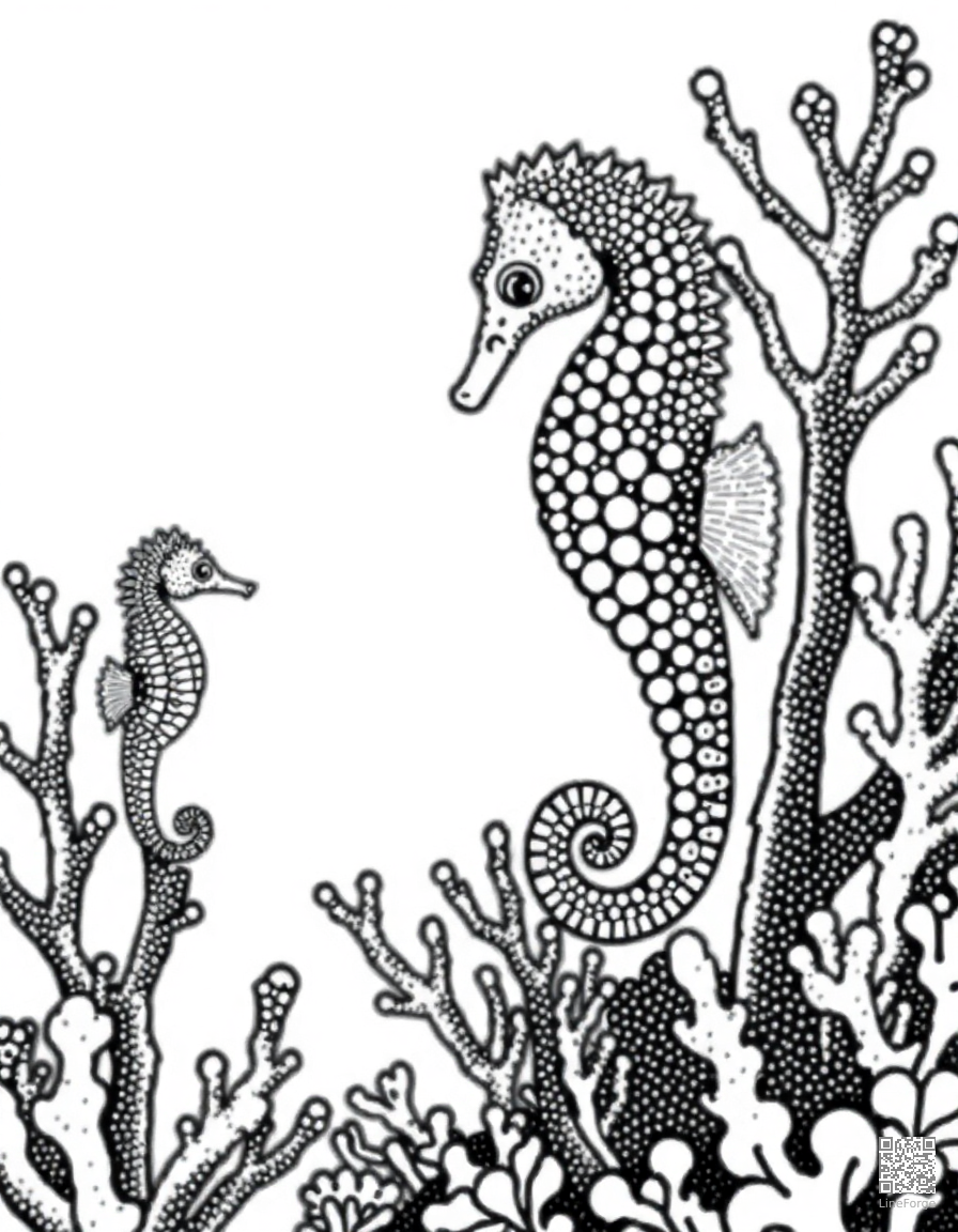 A seahorse family among coral branches coloring page Stipple style - free printable