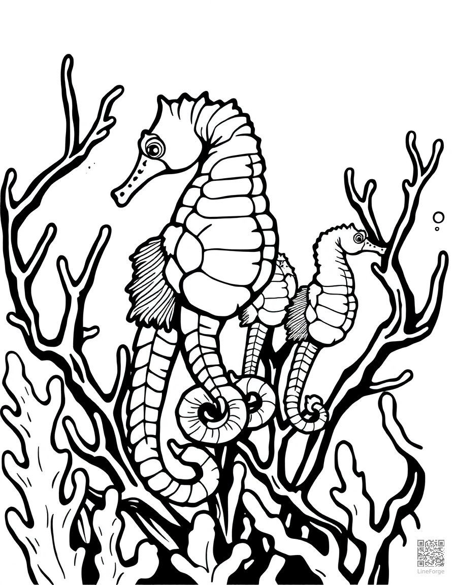 A seahorse family among coral branches coloring page Woodcut style - free printable