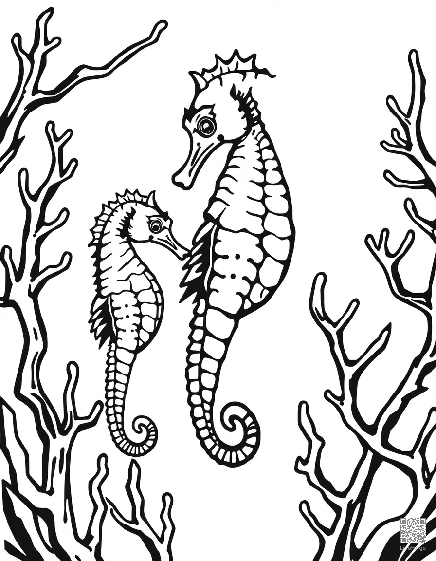 A seahorse family among coral branches coloring page Woodcut style - free printable