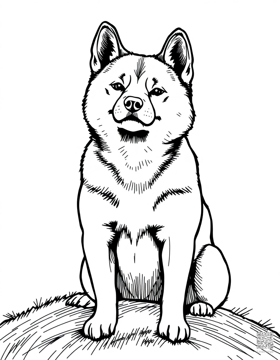 A shiba inu sitting proudly on a hilltop coloring page Crosshatch style - free printable