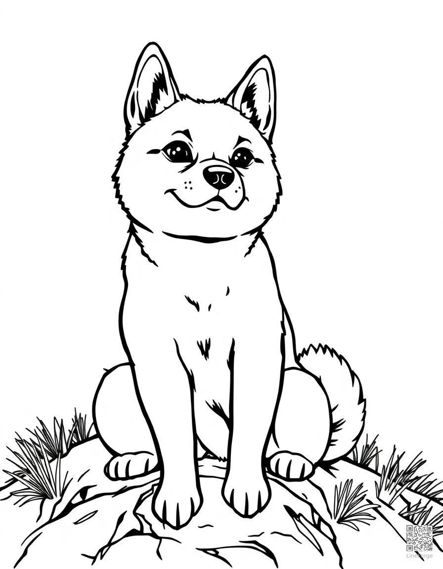 A shiba inu sitting proudly on a hilltop coloring page Manga style - free printable
