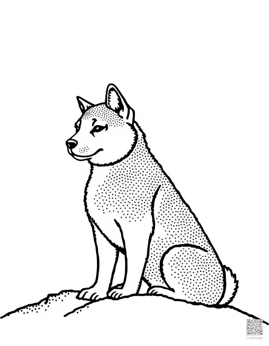 A shiba inu sitting proudly on a hilltop coloring page Stipple style - free printable