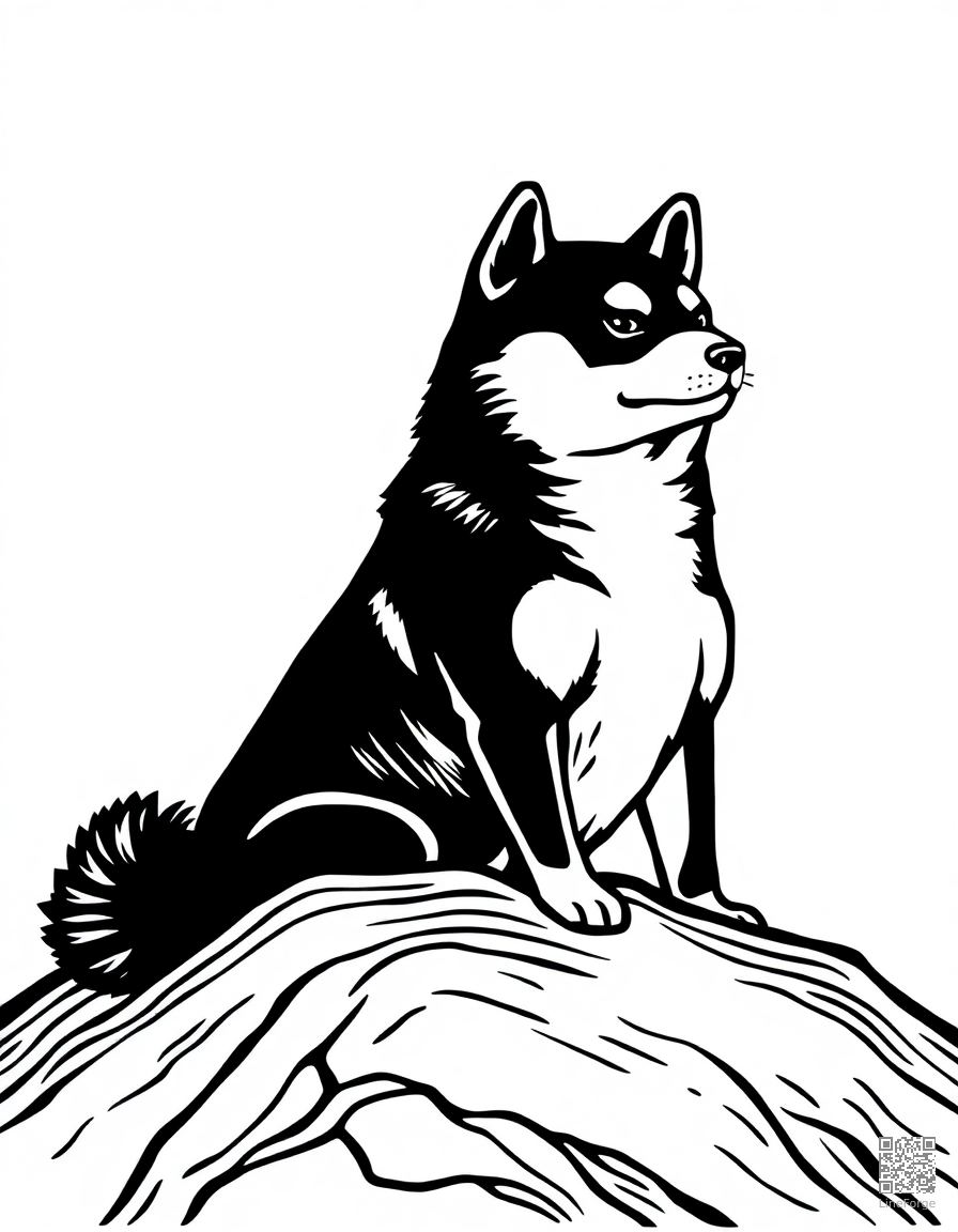 A shiba inu sitting proudly on a hilltop coloring page Woodcut style - free printable