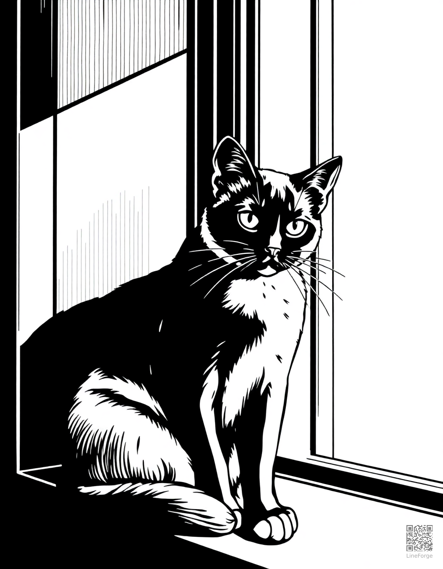 A siamese cat sitting elegantly on a windowsill coloring page Crosshatch style - free printable