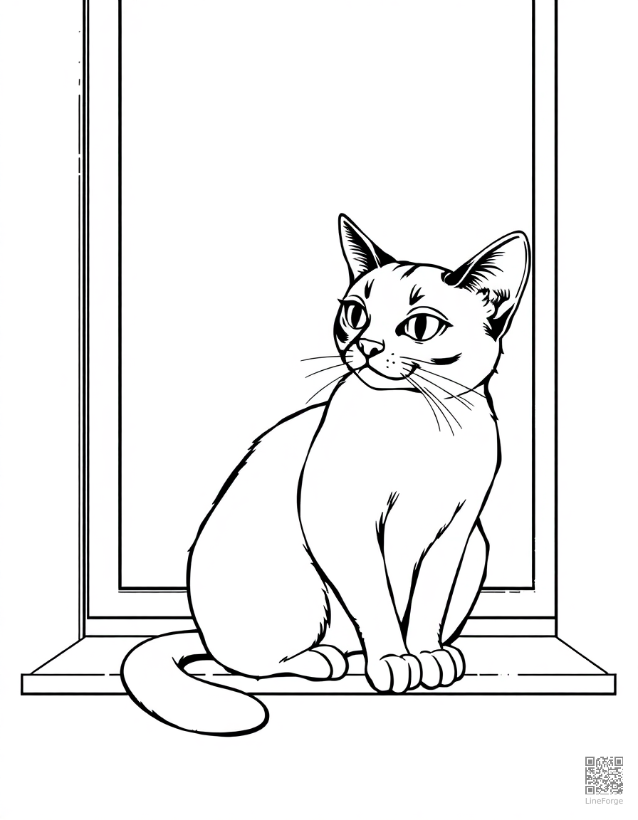 A siamese cat sitting elegantly on a windowsill coloring page Manga style - free printable