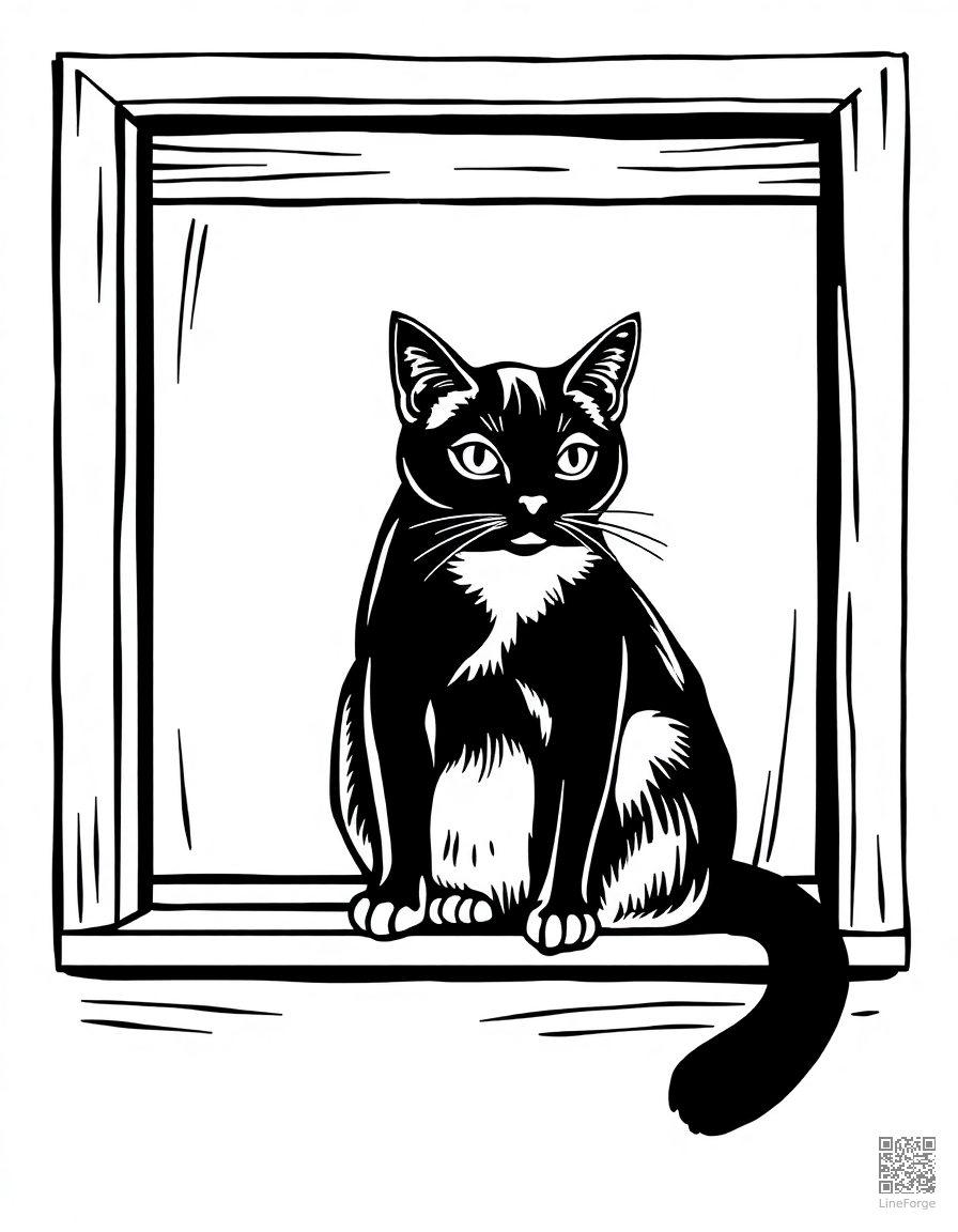 A siamese cat sitting elegantly on a windowsill coloring page Woodcut style - free printable