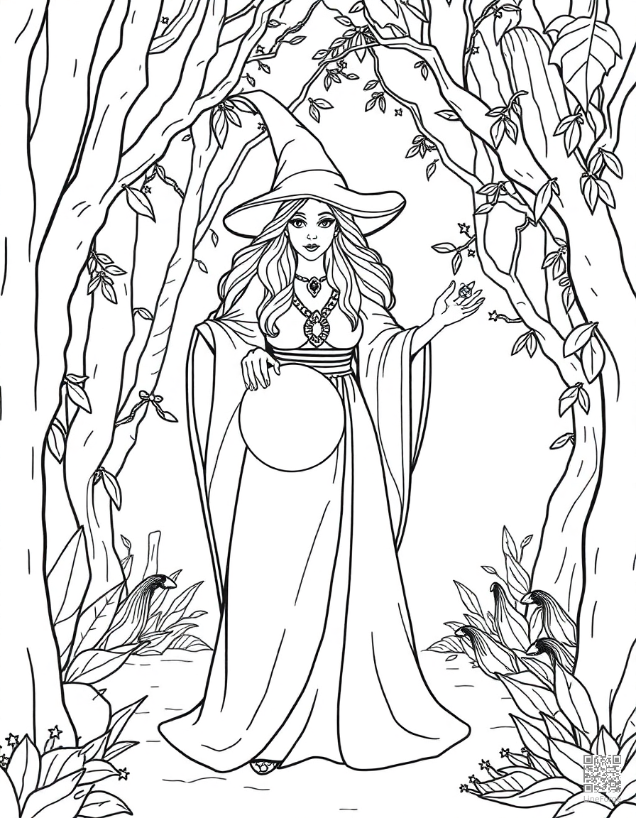 A sorceress with a crystal ball in an enchanted grove coloring page Contour style - free printable