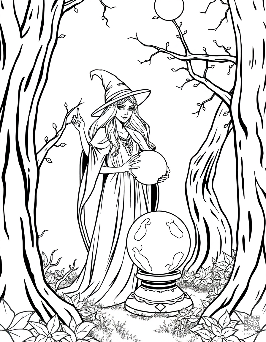 A sorceress with a crystal ball in an enchanted grove coloring page Contour style - free printable