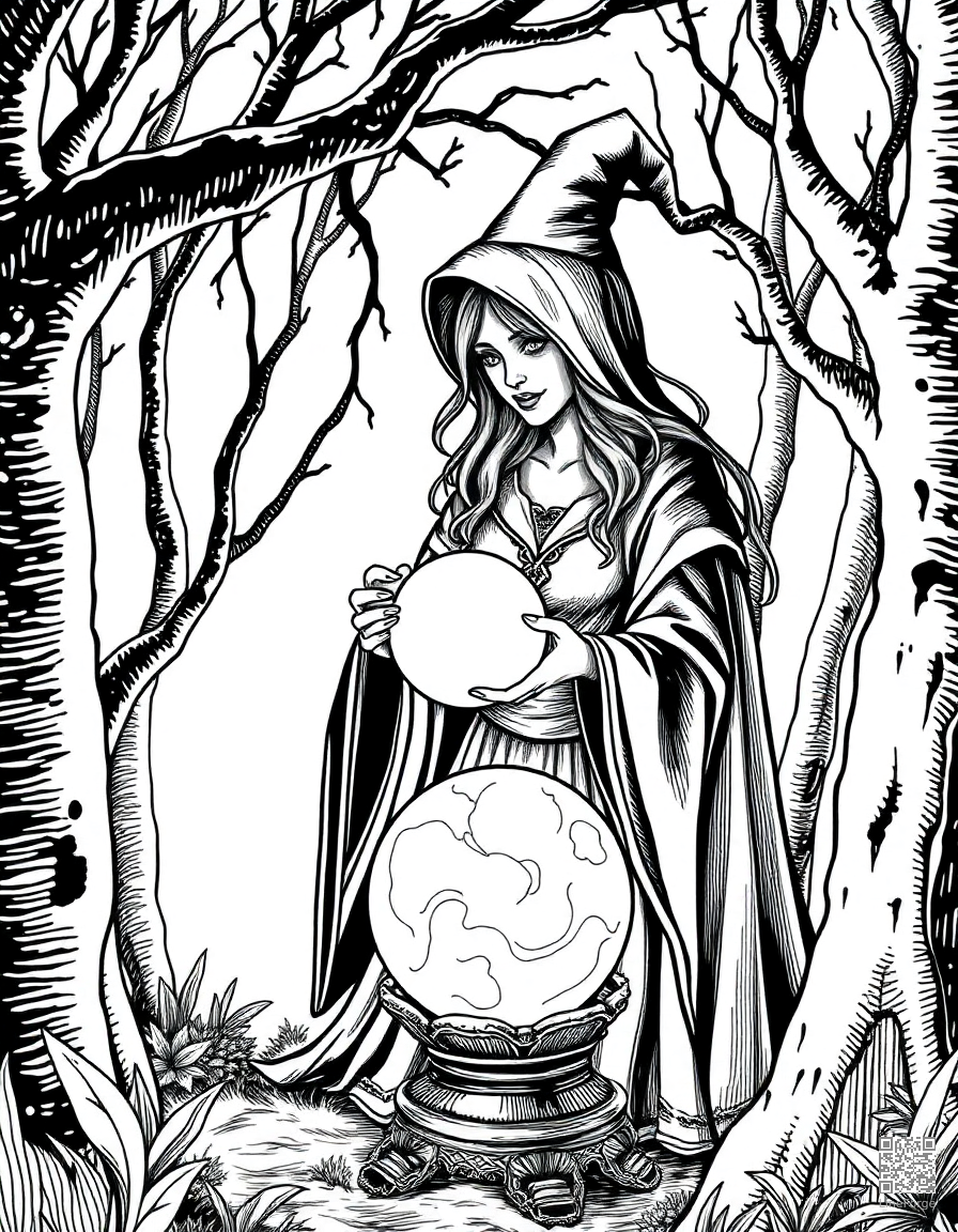 A sorceress with a crystal ball in an enchanted grove coloring page Crosshatch style - free printable