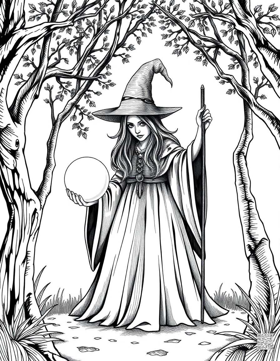A sorceress with a crystal ball in an enchanted grove coloring page Crosshatch style - free printable