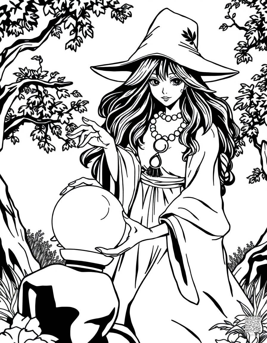 A sorceress with a crystal ball in an enchanted grove coloring page Manga style - free printable