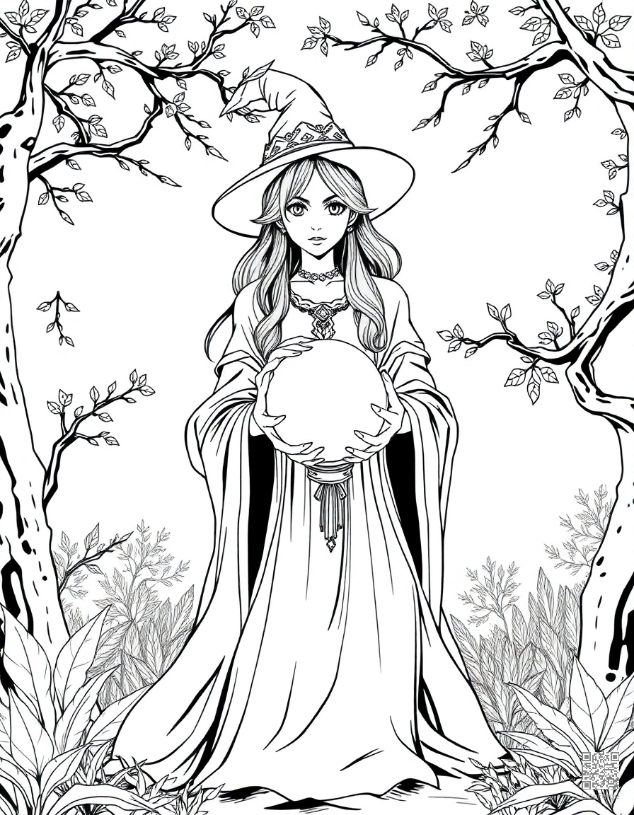 A sorceress with a crystal ball in an enchanted grove coloring page Manga style - free printable