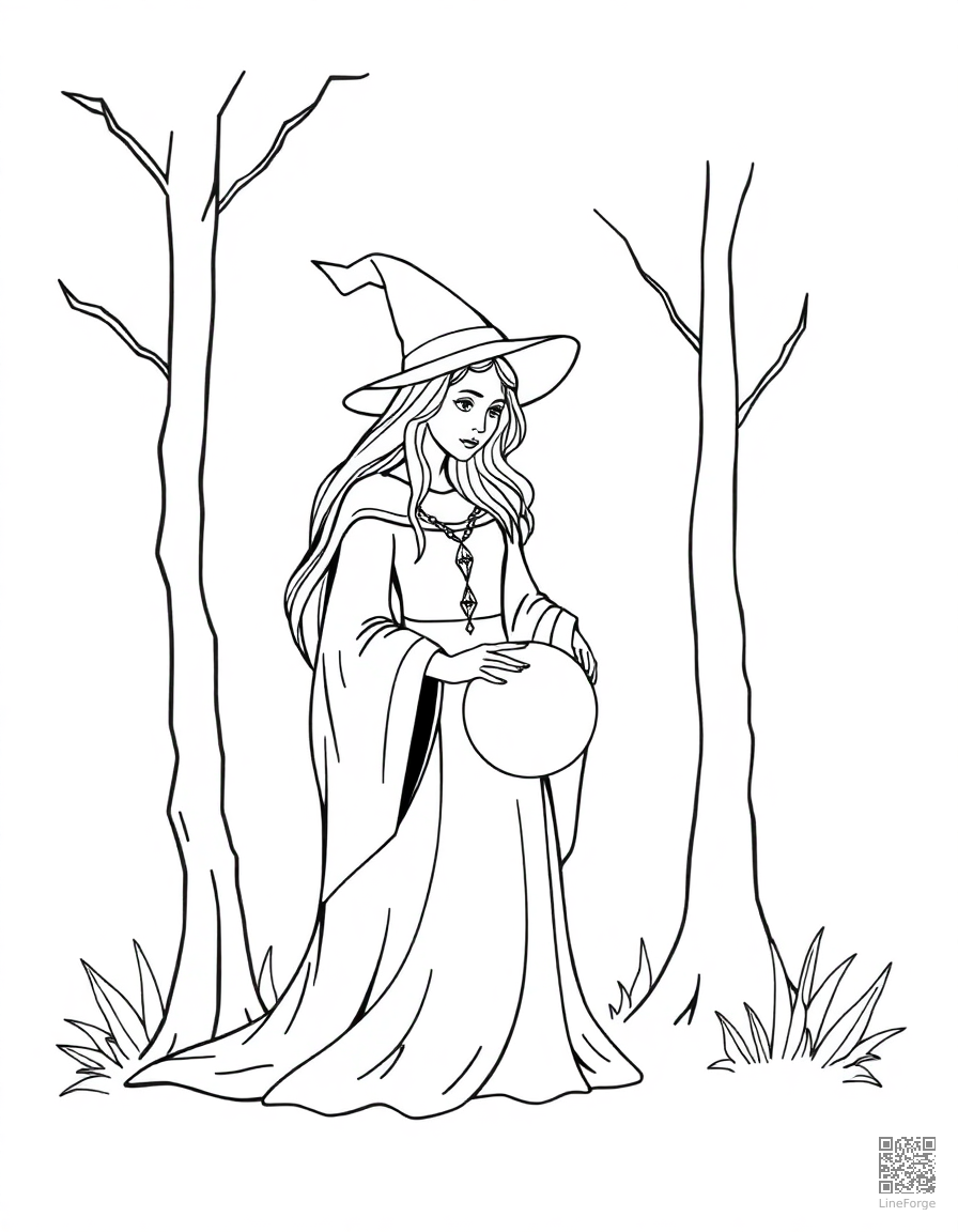 A sorceress with a crystal ball in an enchanted grove coloring page Minimal style - free printable