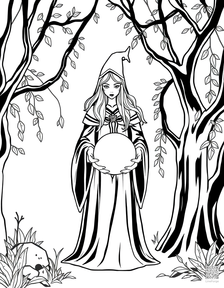 A sorceress with a crystal ball in an enchanted grove coloring page Minimal style - free printable
