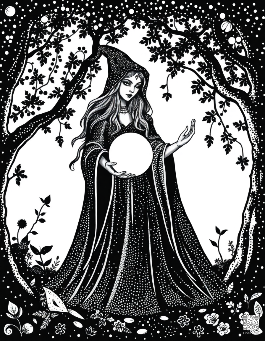 A sorceress with a crystal ball in an enchanted grove coloring page Stipple style - free printable