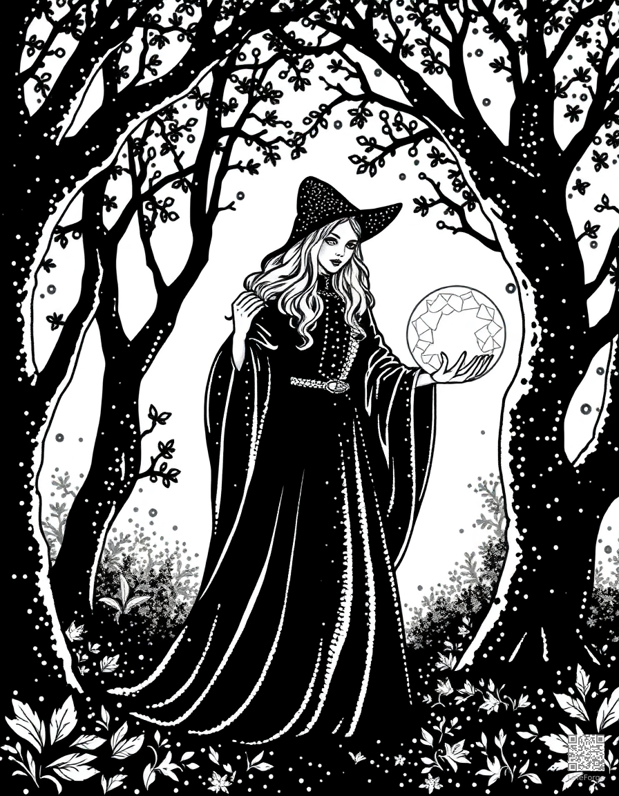 A sorceress with a crystal ball in an enchanted grove coloring page Stipple style - free printable
