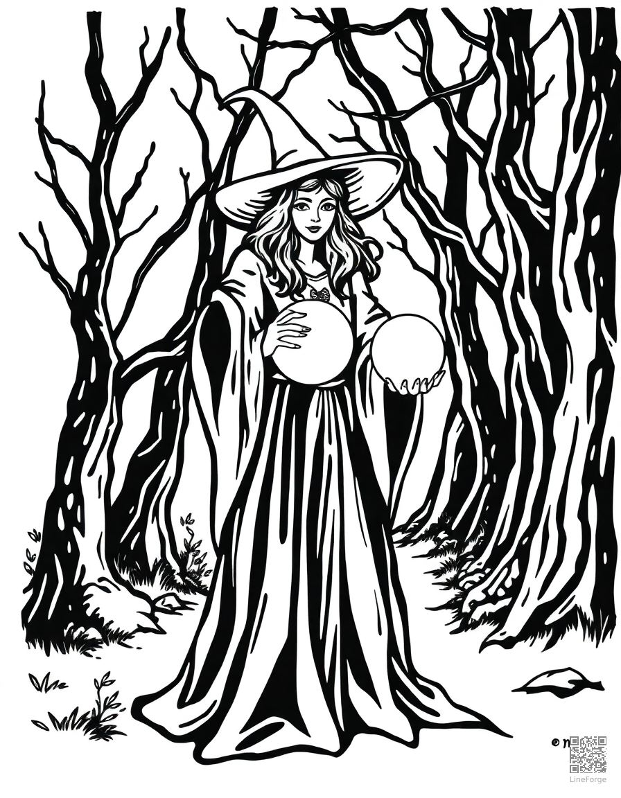 A sorceress with a crystal ball in an enchanted grove coloring page Woodcut style - free printable