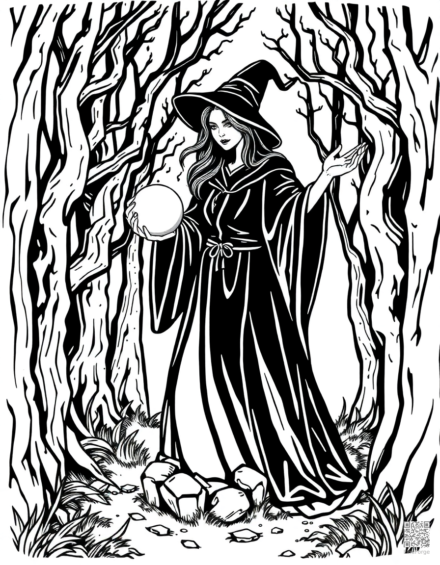 A sorceress with a crystal ball in an enchanted grove coloring page Woodcut style - free printable