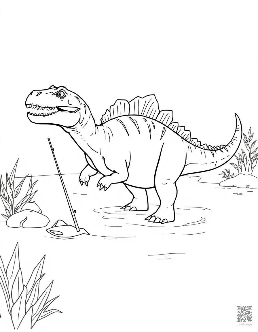 A spinosaurus fishing in a prehistoric river coloring page Contour style - free printable