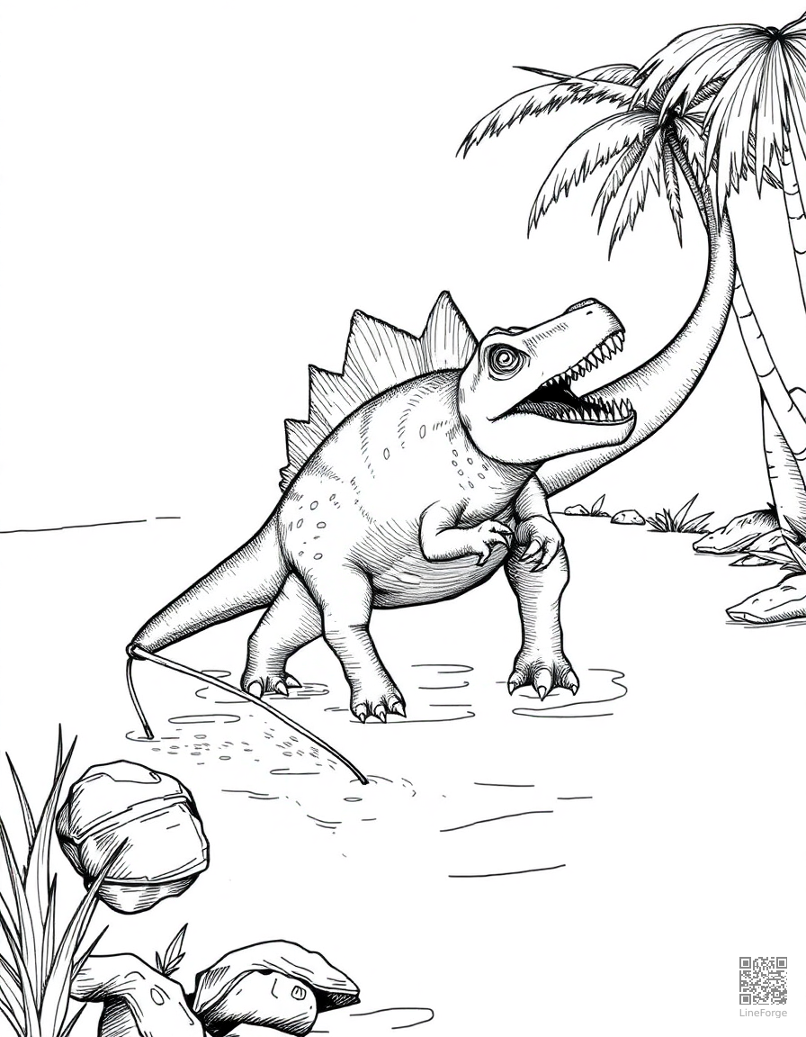 A spinosaurus fishing in a prehistoric river coloring page Crosshatch style - free printable