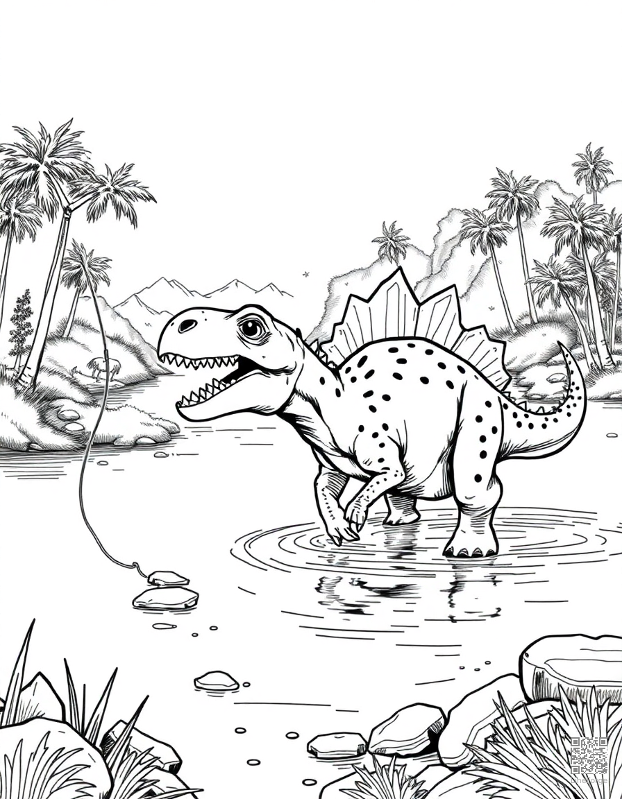 A spinosaurus fishing in a prehistoric river coloring page Manga style - free printable