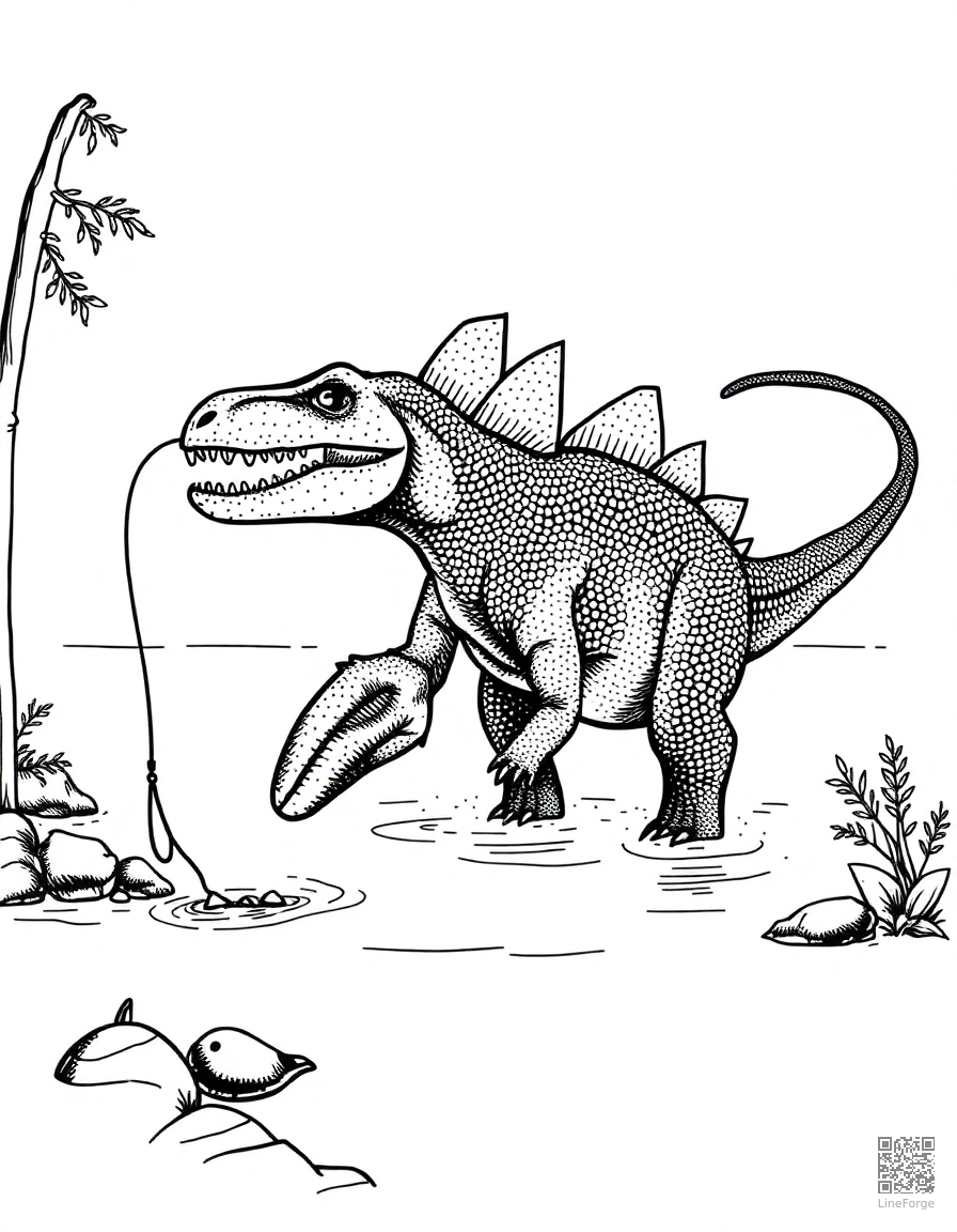 A spinosaurus fishing in a prehistoric river coloring page Stipple style - free printable