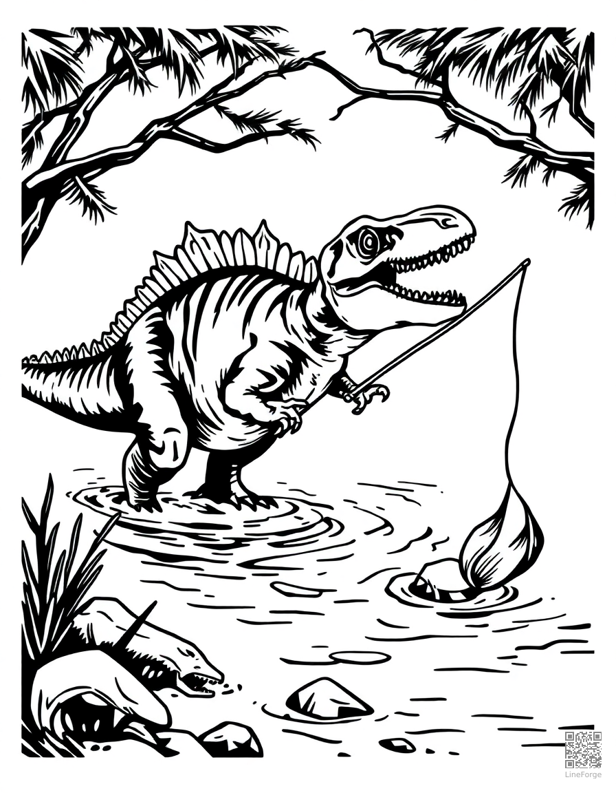 A spinosaurus fishing in a prehistoric river coloring page Woodcut style - free printable