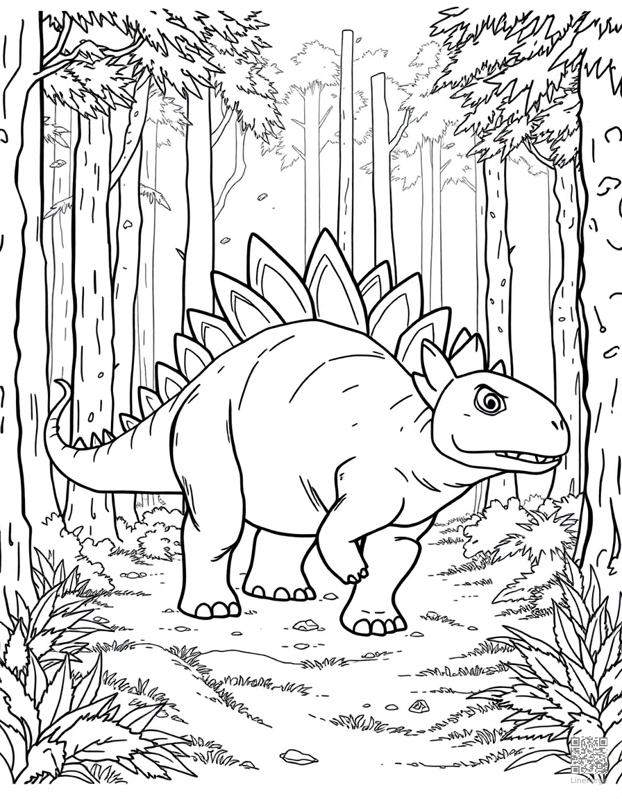 A stegosaurus walking through a misty forest coloring page Contour style - free printable