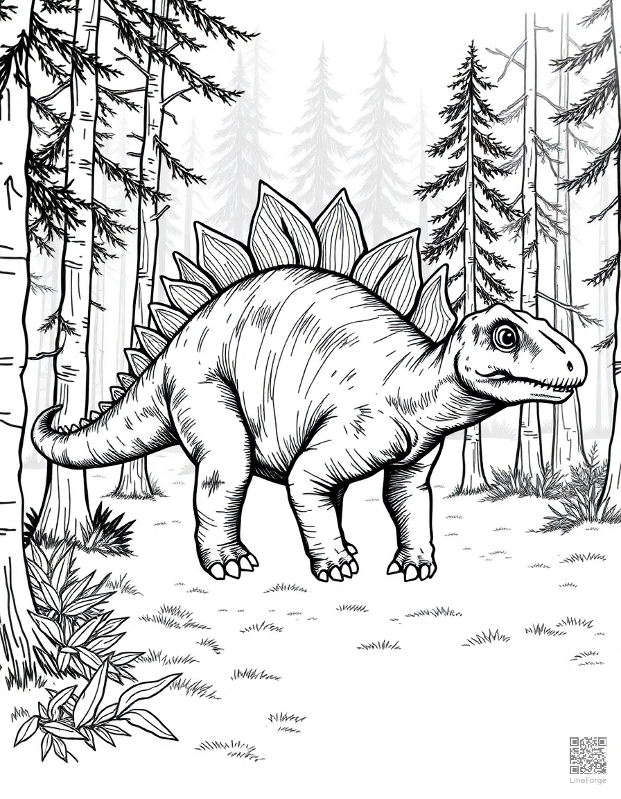 A stegosaurus walking through a misty forest coloring page Crosshatch style - free printable