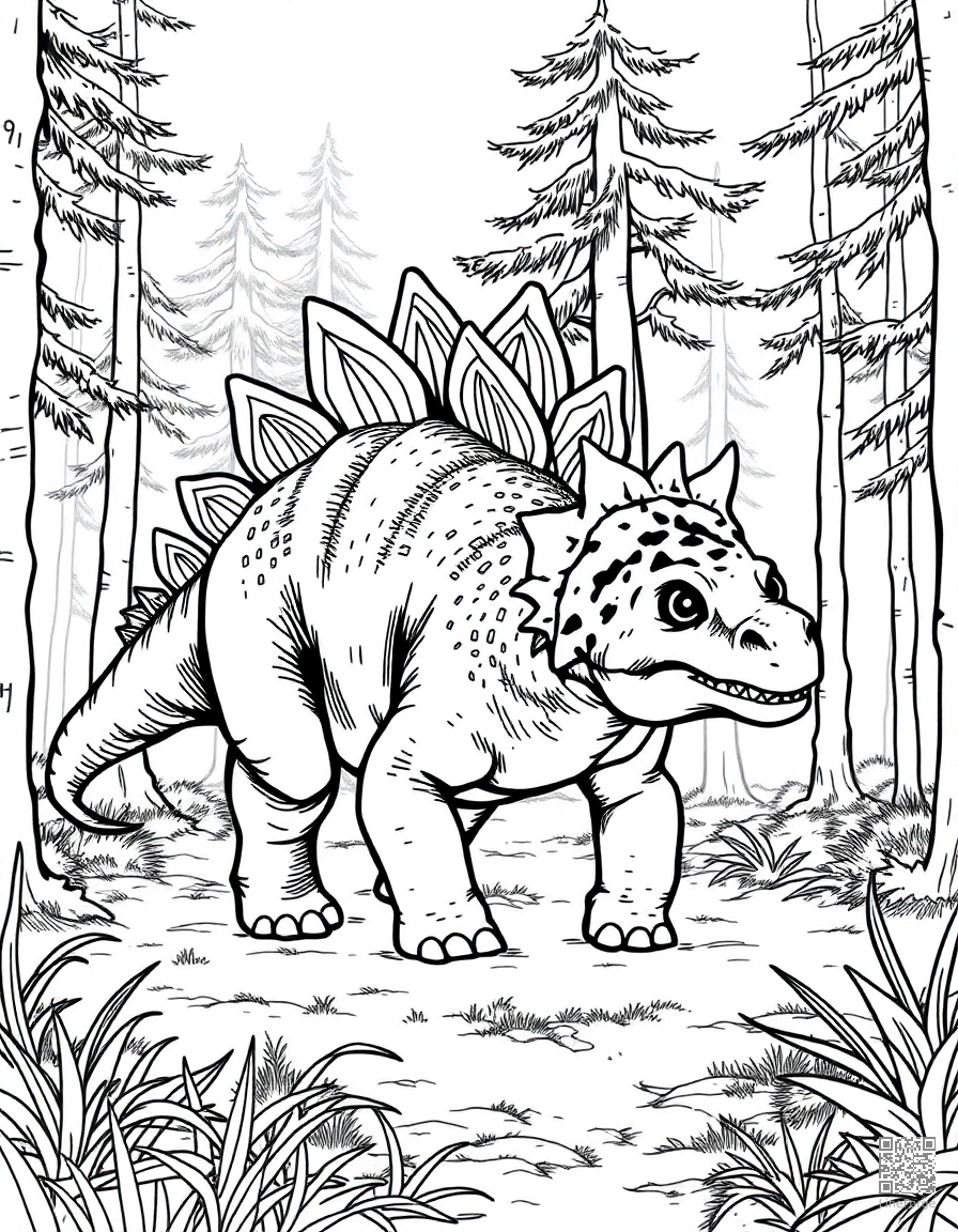 A stegosaurus walking through a misty forest coloring page Manga style - free printable
