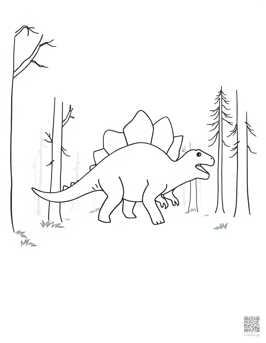 A stegosaurus walking through a misty forest coloring page Minimal style - free printable