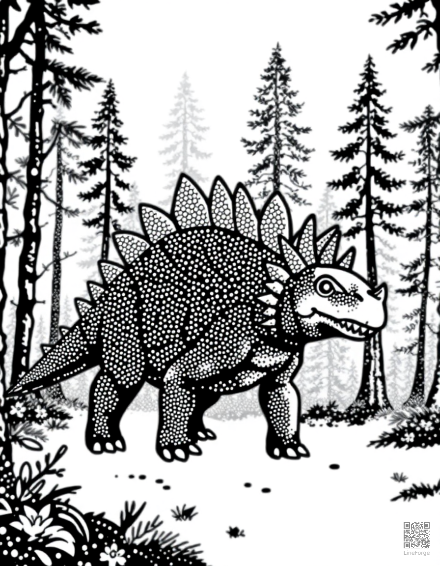 A stegosaurus walking through a misty forest coloring page Stipple style - free printable