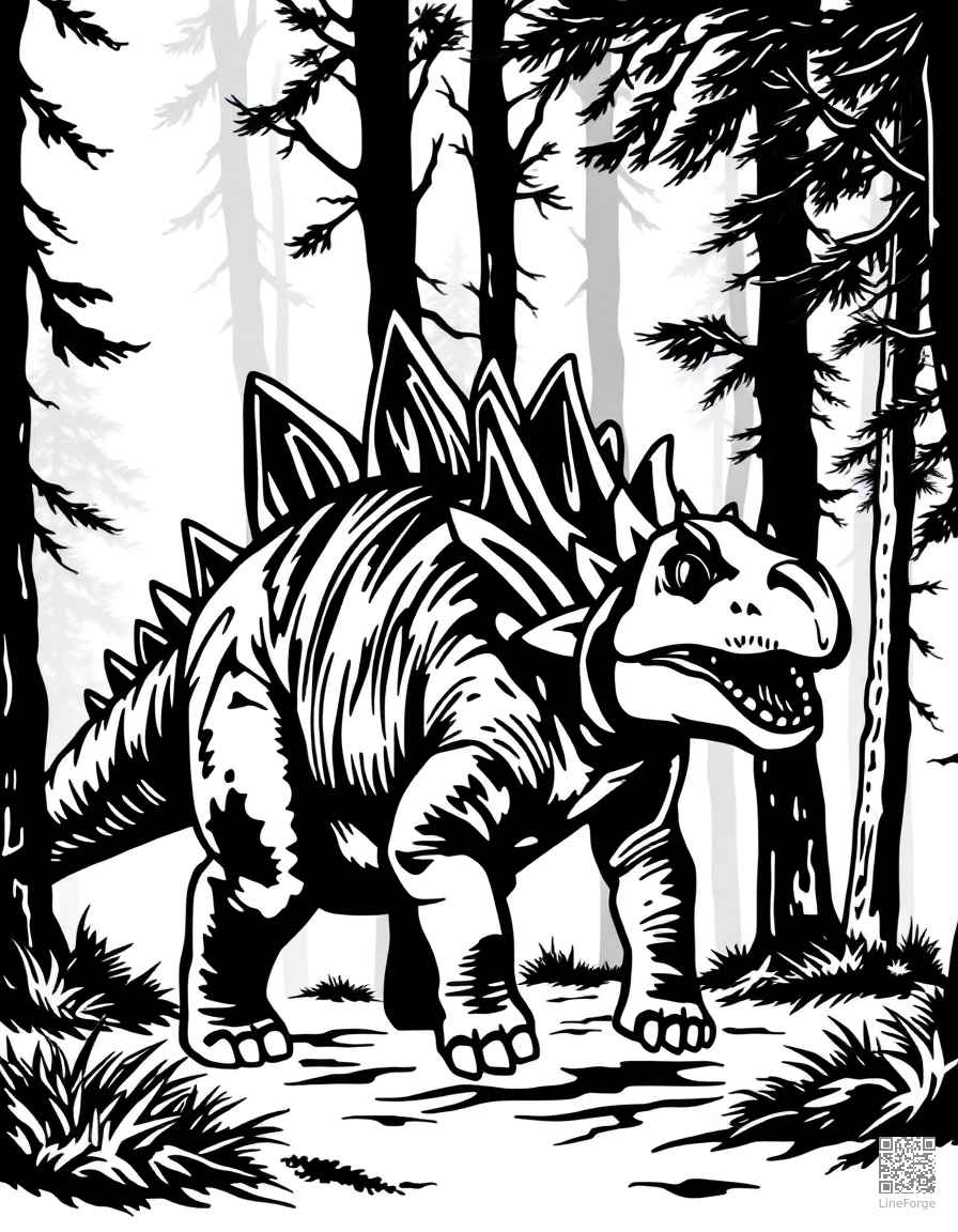 A stegosaurus walking through a misty forest coloring page Woodcut style - free printable