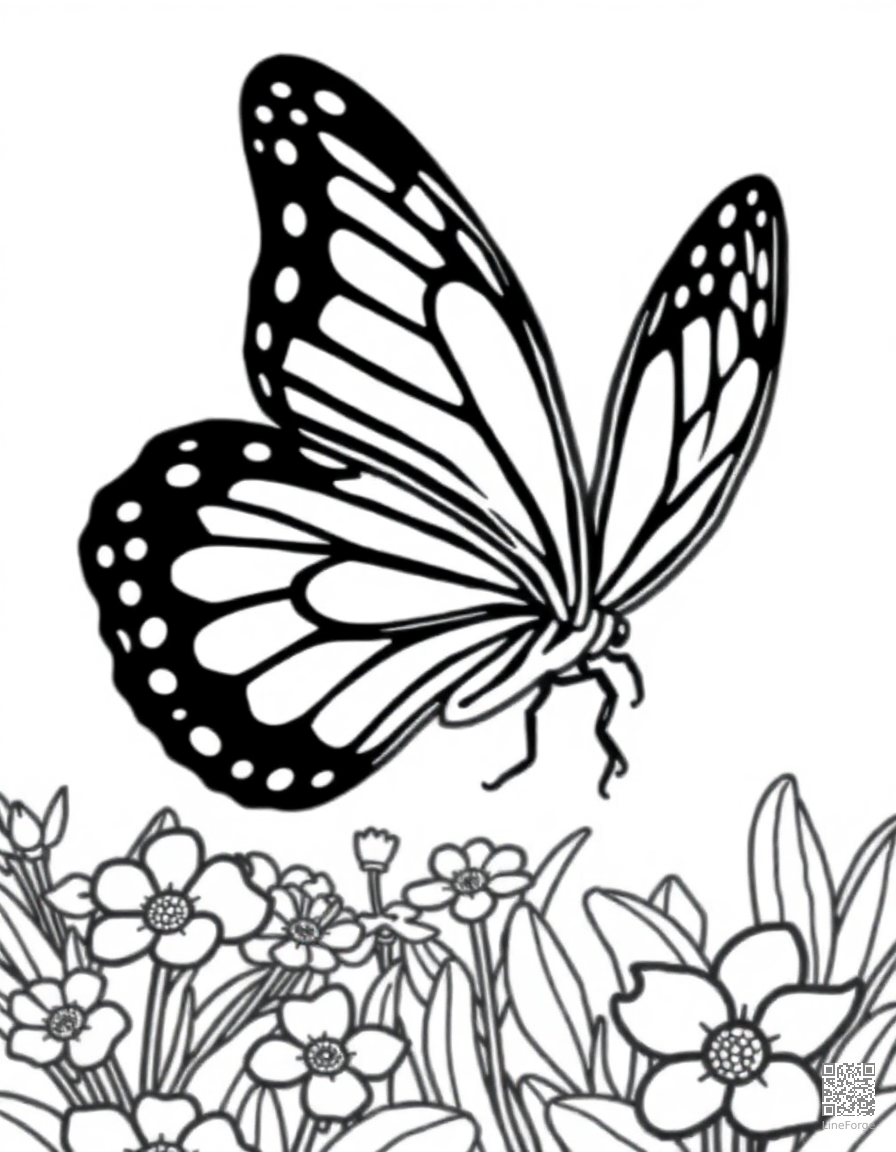 A swallowtail butterfly in flight over a garden coloring page Contour style - free printable