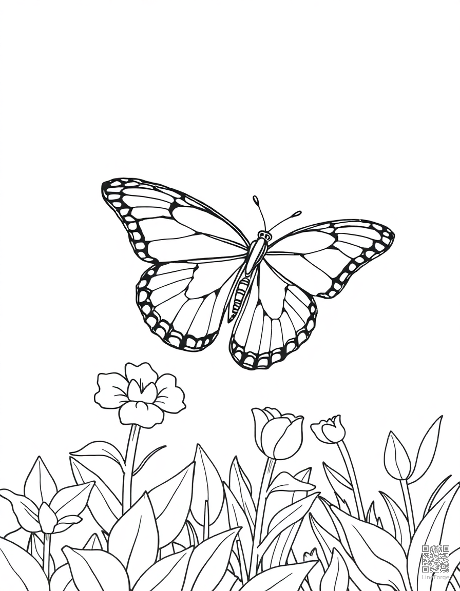A swallowtail butterfly in flight over a garden coloring page Contour style - free printable