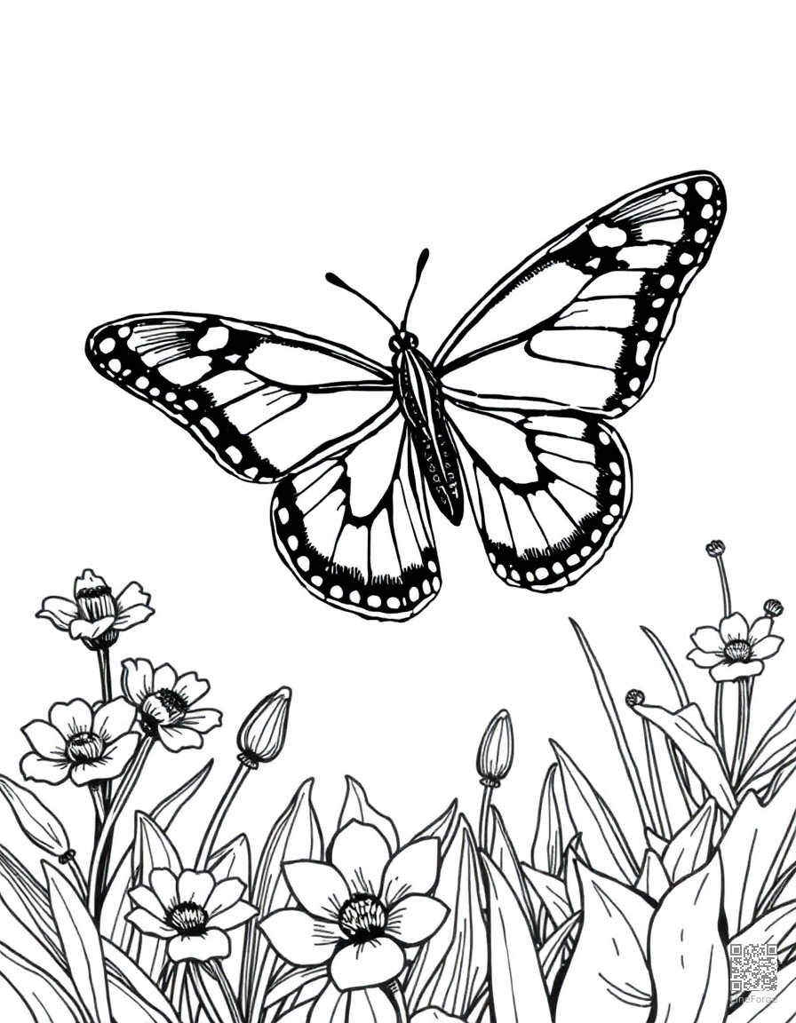 Free a swallowtail butterfly in flight over a garden coloring page in crosshatch style — printable line art