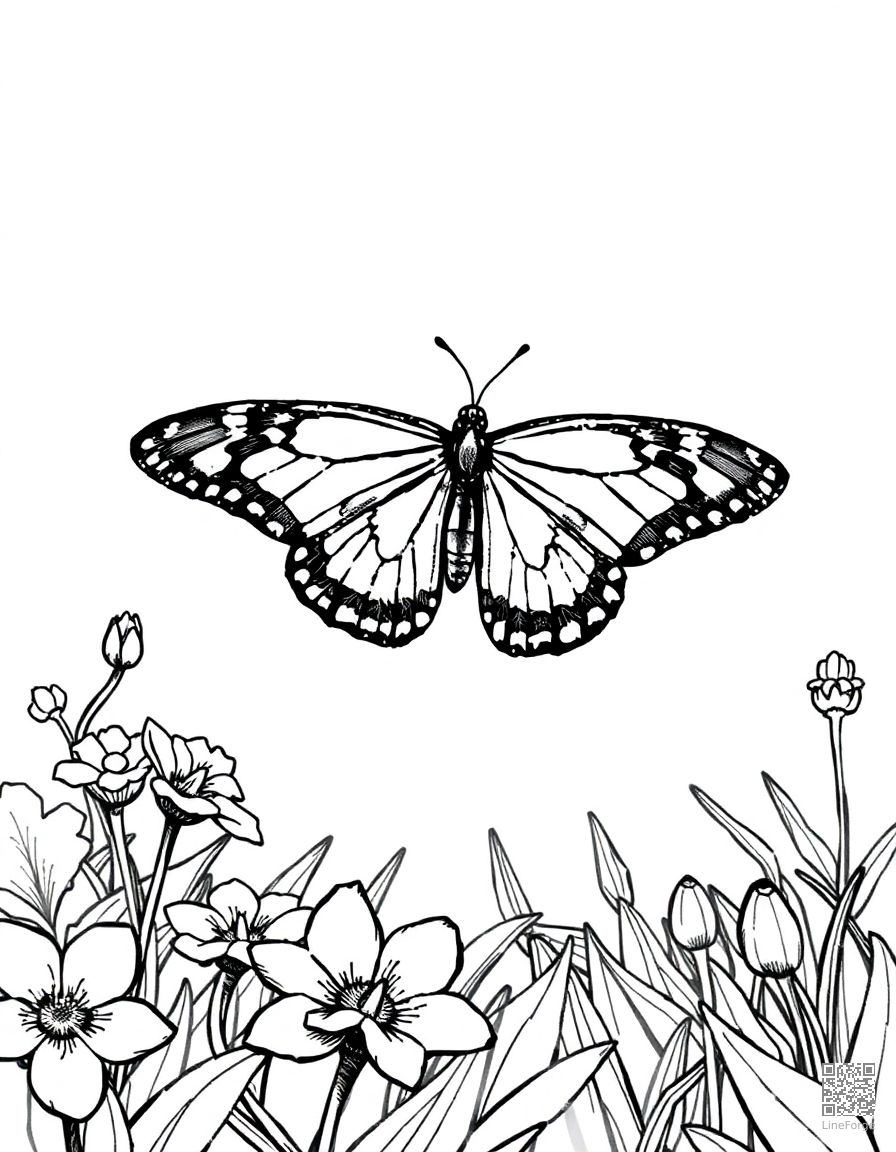 A swallowtail butterfly in flight over a garden coloring page Crosshatch style free printable