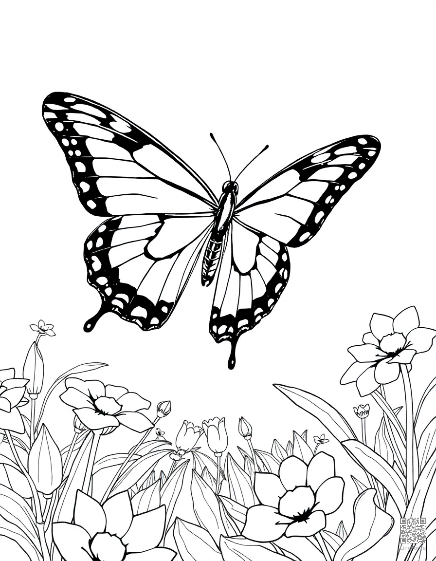 A swallowtail butterfly in flight over a garden coloring page Manga style free printable