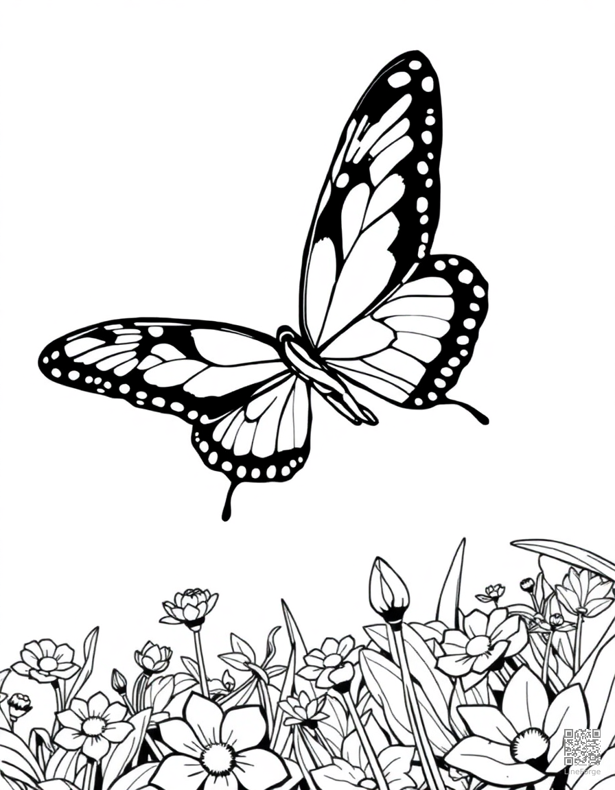 A swallowtail butterfly in flight over a garden coloring page Manga style free printable