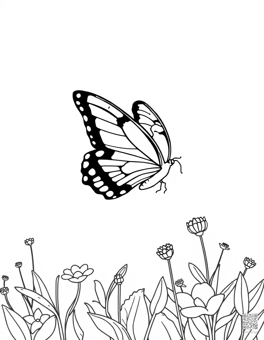 Free a swallowtail butterfly in flight over a garden coloring page in minimal style — printable line art