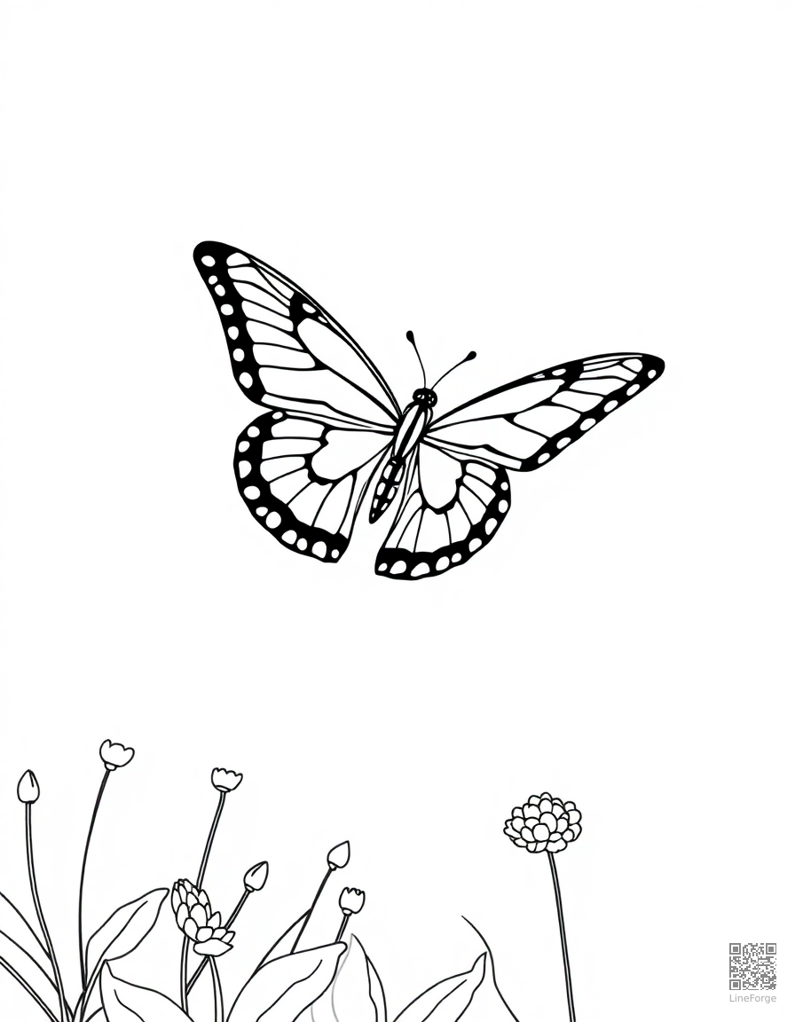 Free a swallowtail butterfly in flight over a garden coloring page in minimal style — printable line art